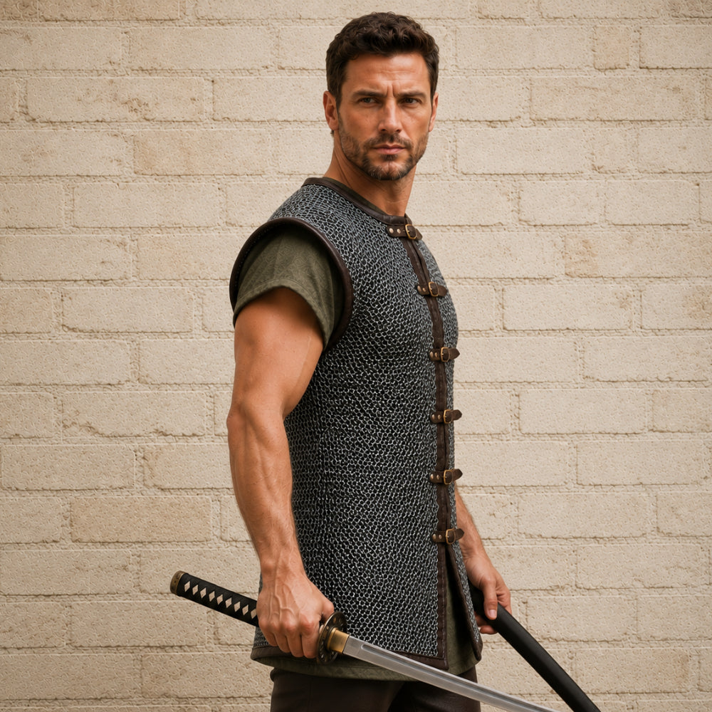9MM Flat Riveted Chainmail Shirt with Washers – Sleeveless Medieval Costume Armor