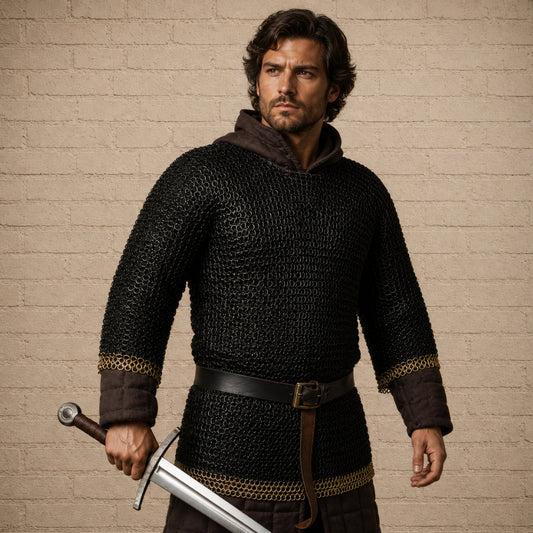9mm Riveted Chainmail Haubergeon – Flat Ring Viking Armor with Brass Trim