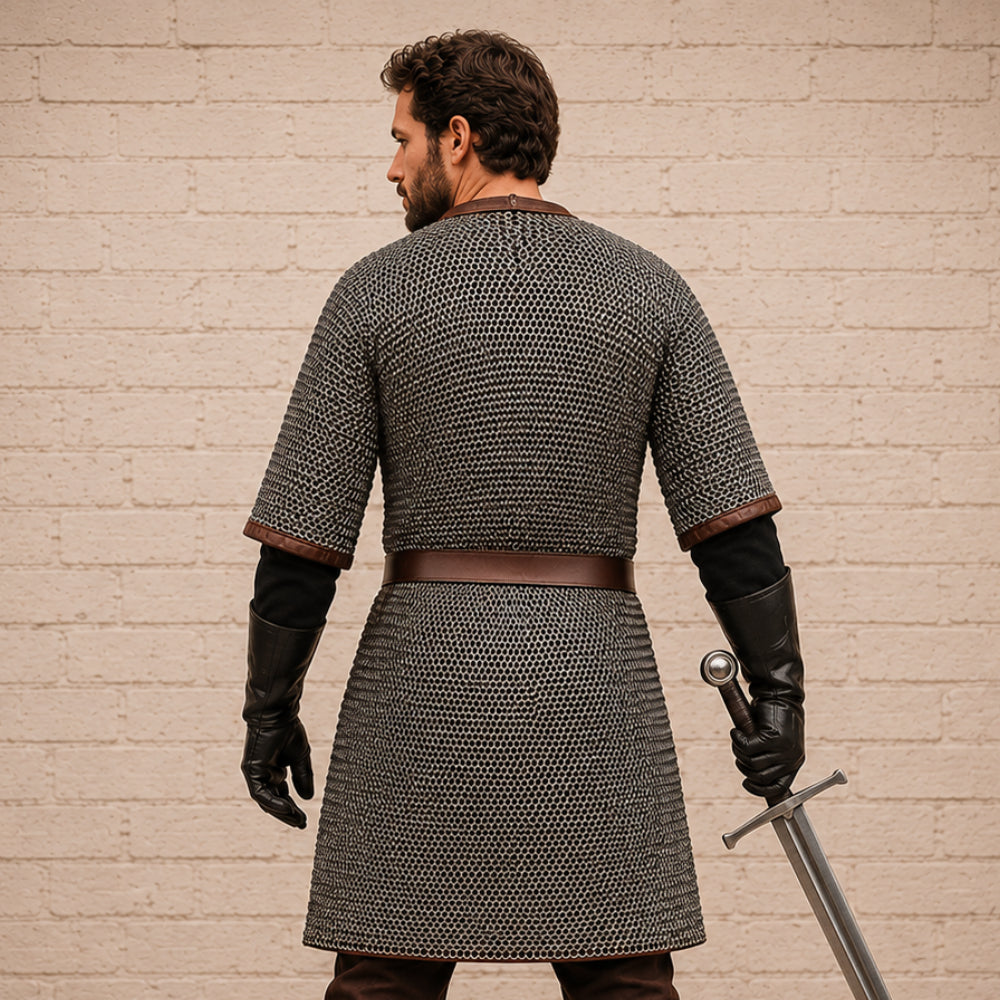 8MM Mild Steel Flat Riveted Chainmail Hauberk – Half Sleeve Front Open Medieval Shirt for Ren Faire & Halloween Costume