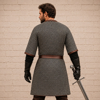 8MM Mild Steel Flat Riveted Chainmail Hauberk – Half Sleeve Front Open Medieval Shirt for Ren Faire & Halloween Costume