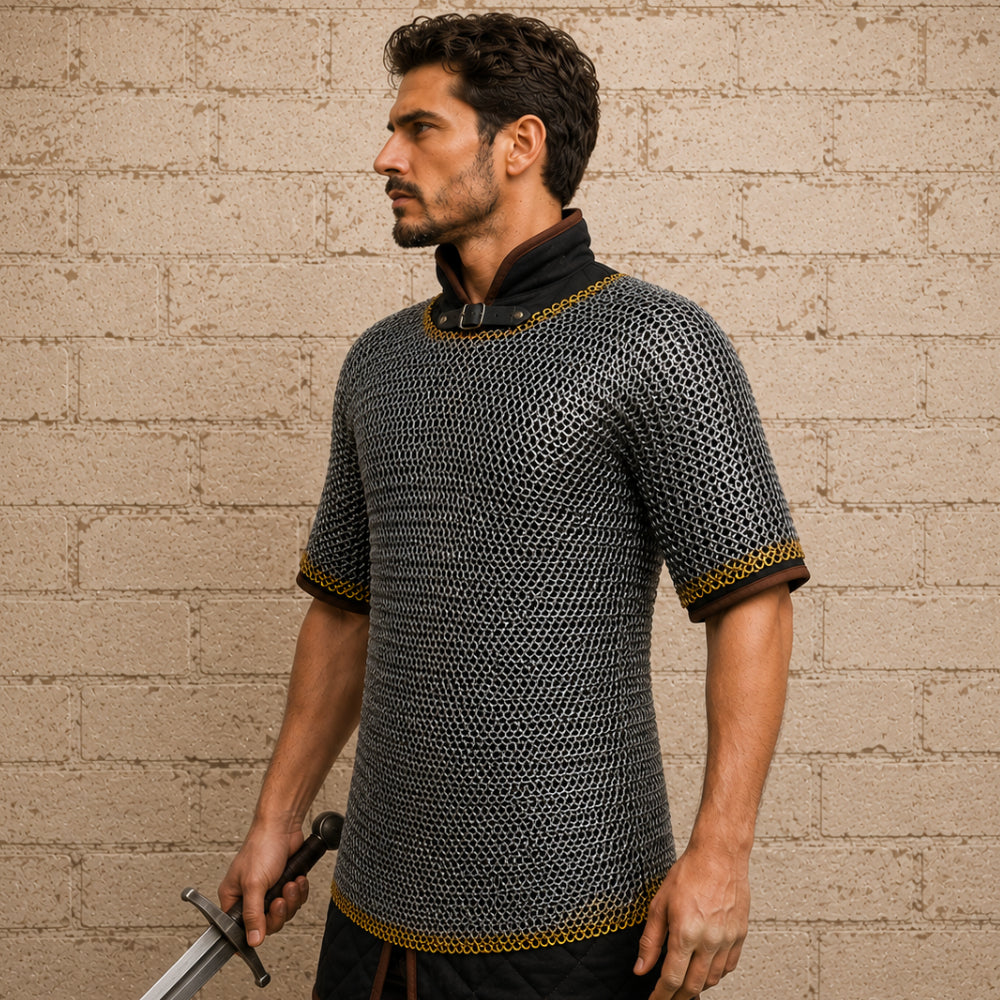 9mm Haubergeon Chainmail Shirt with Brass Trim – Flat Riveted Ring Armor