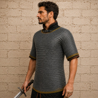 9mm Haubergeon Chainmail Shirt with Brass Trim – Flat Riveted Ring Armor