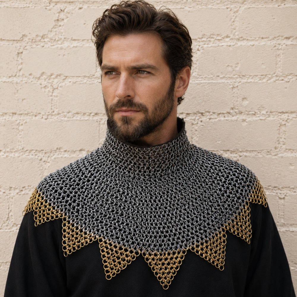 Chainmail Gorget Collar with Zig-Zag Brass Edges – 9mm Flat Riveted Rings