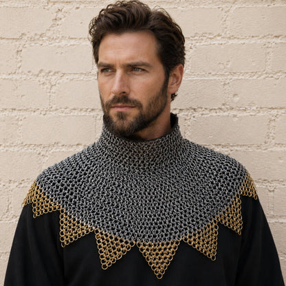 Chainmail Gorget Collar with Zig-Zag Brass Edges – 9mm Flat Riveted Rings