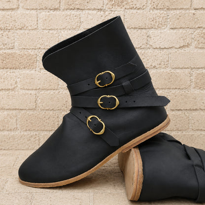 Late Medieval Leather Buckle Boots – Brown & Black Medieval Footwear