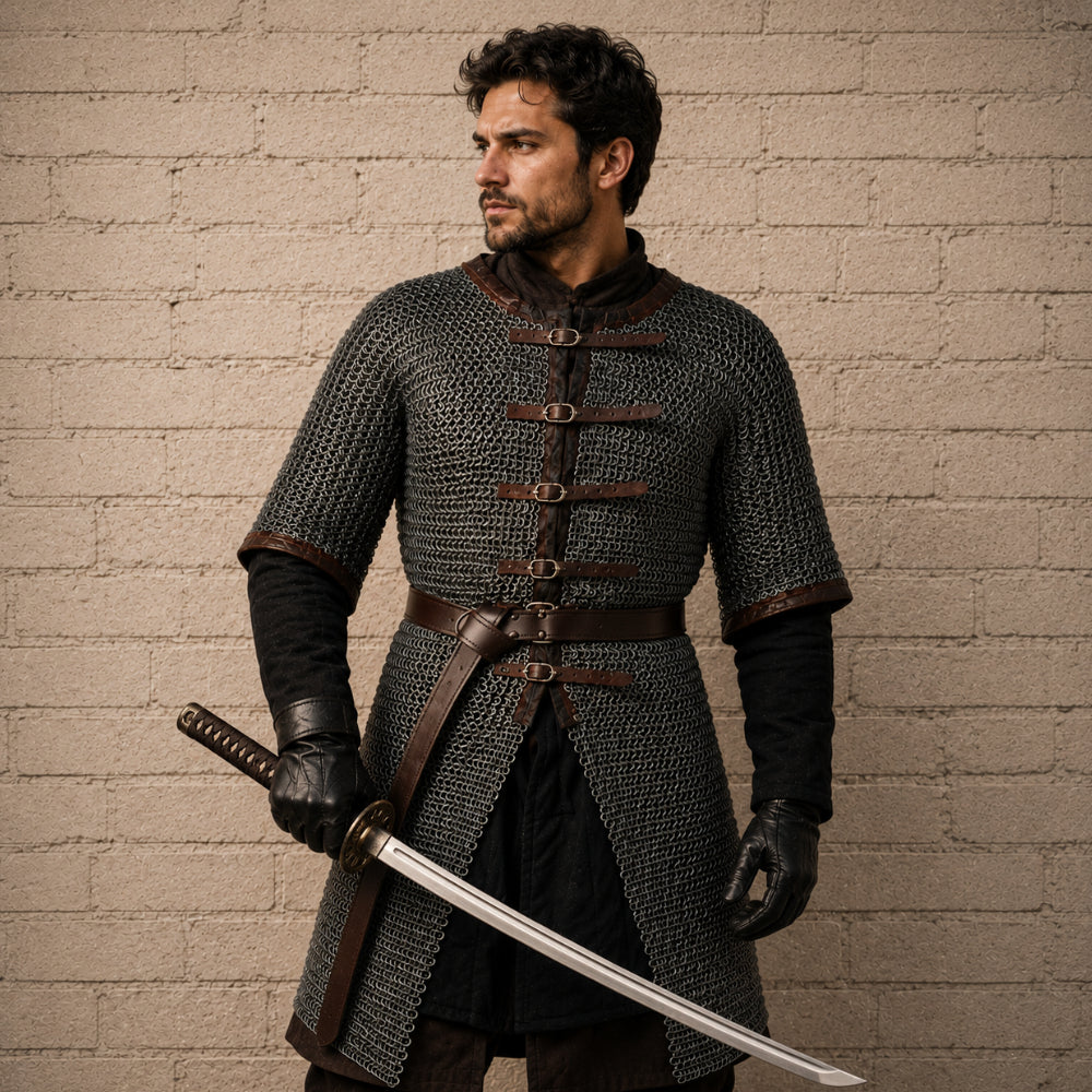 Dark Gray Aluminum Chainmail Hauberk – 9mm Flat Ring Half Sleeve Front Open Armor