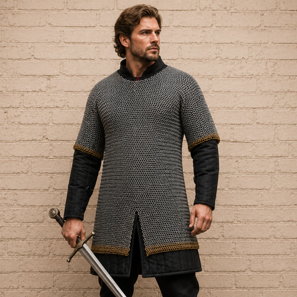 8mm Riveted Chainmail Shirt – Half Sleeve Medieval Haubergeon with Brass Edge