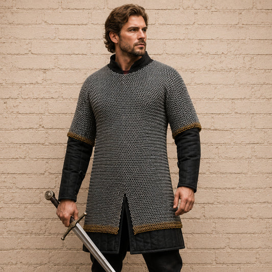 8mm Riveted Chainmail Shirt – Half Sleeve Medieval Haubergeon with Brass Edge
