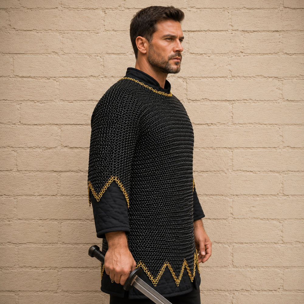 Blackened Chainmail Shirt – 9MM Flat Riveted Armor with Brass Zigzag Border