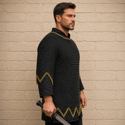 Blackened Chainmail Shirt – 9MM Flat Riveted Armor with Brass Zigzag Border