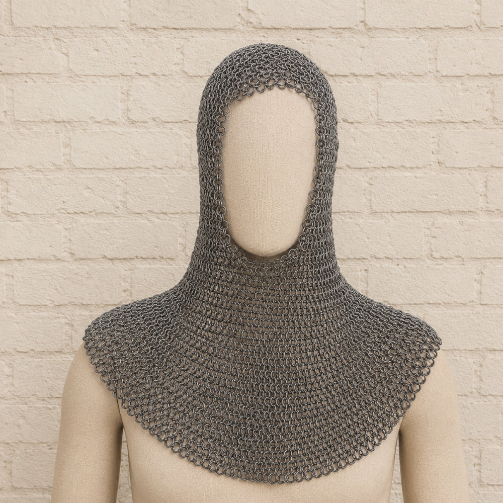 Medieval Chainmail Coif – 9mm Round Riveted Rings with Washer for Reenactment & Costume