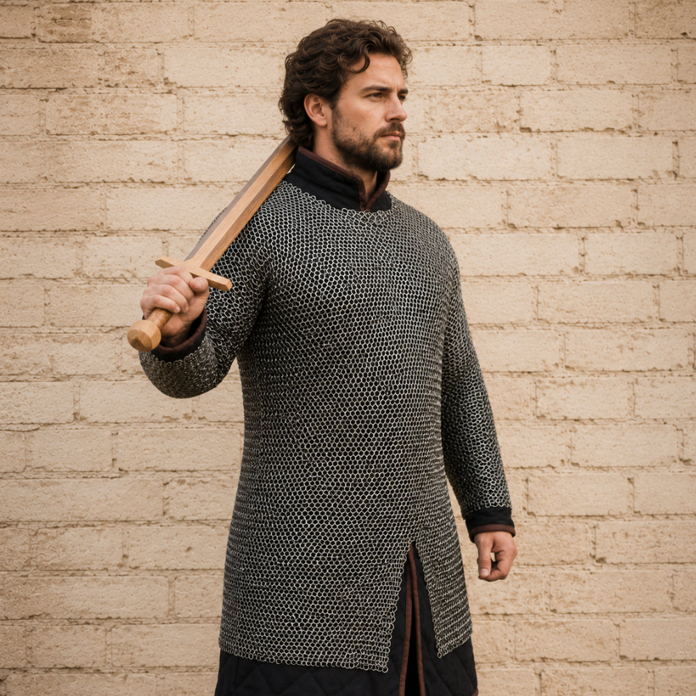 8MM Flat Riveted Chainmail Shirt with Solid Rings – Medieval Hauberk Armor