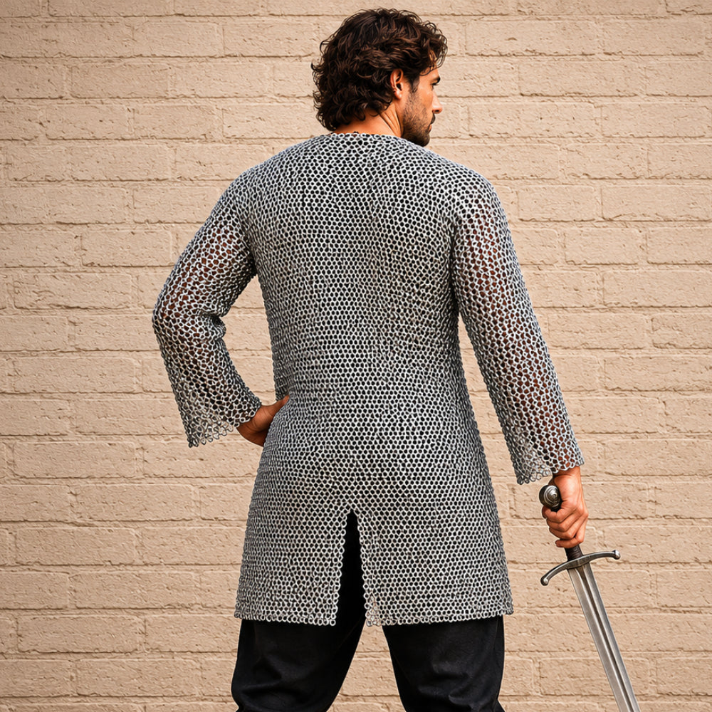 Aluminium Chainmail Shirt – 10MM Flat Riveted Hauberk with Solid Rings for Medieval Armor, LARP & Halloween Costume