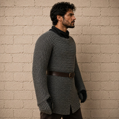 9MM Mild Steel Chainmail Hauberk with Attached Gloves – Flat Riveted Medieval Armor