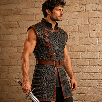 9MM Sleeveless Chainmail Hauberk – Round Ring Riveted Aluminum Armor with Brown Leather Trim