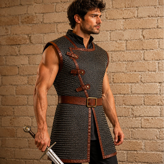 9MM Sleeveless Chainmail Hauberk – Round Ring Riveted Aluminum Armor with Brown Leather Trim