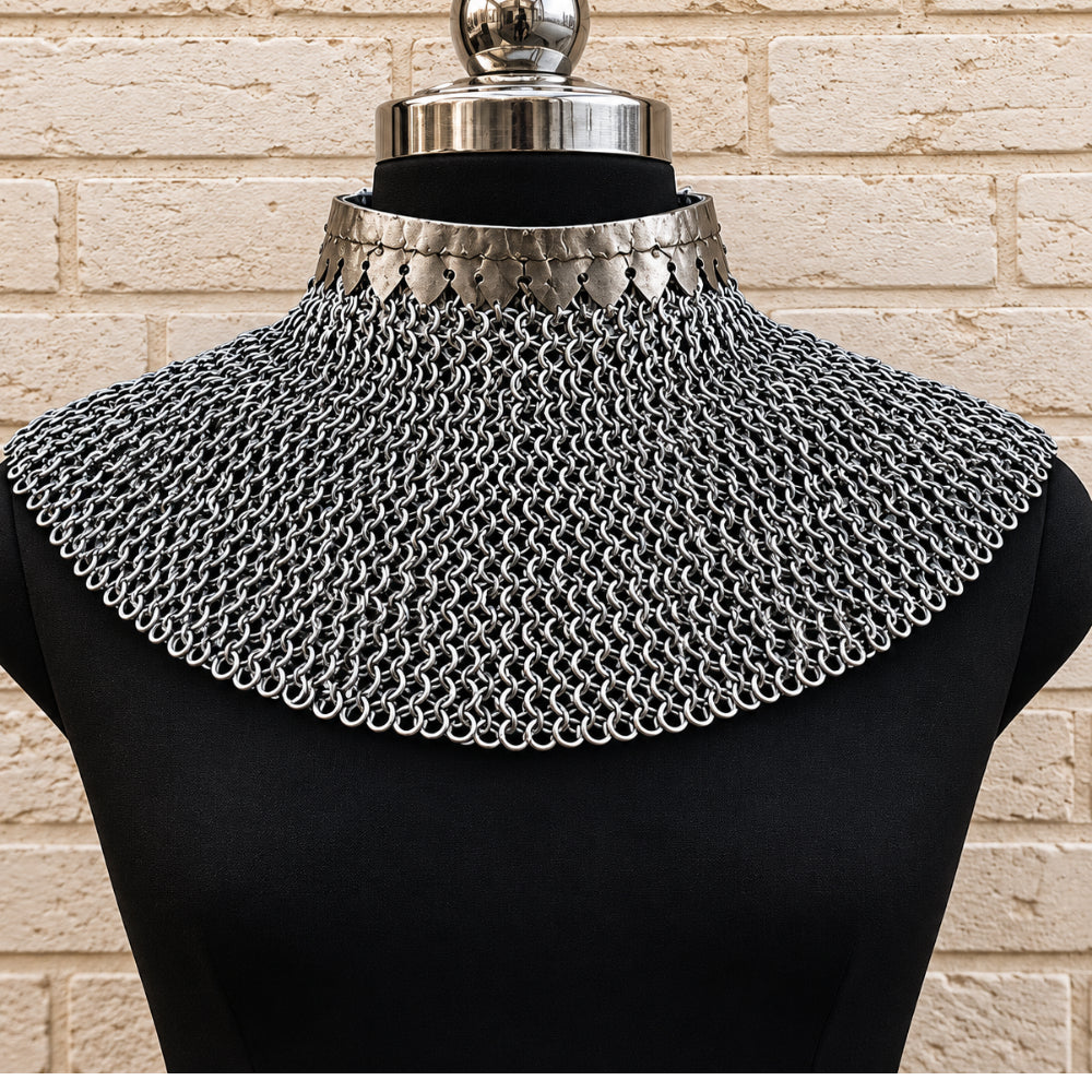 6mm Flat Riveted Chainmail Gorget with Washer Rings – Medieval Collar for Halloween, LARP & Cosplay