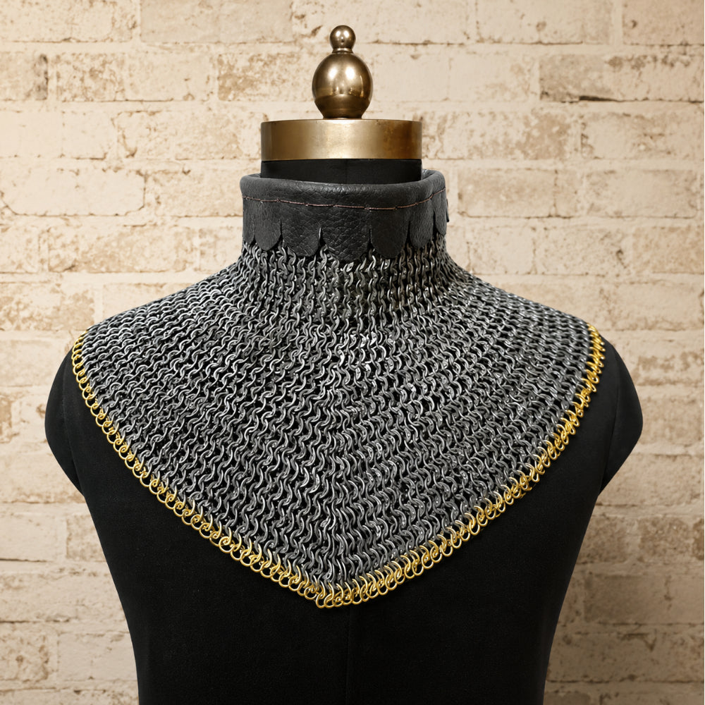 9mm Flat Riveted Chainmail Gorget with Brass Trim – Medieval Chainmail Mantle for Halloween, Cosplay, LARP & Reenactment