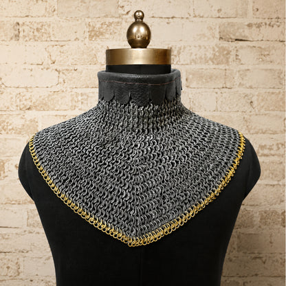 9mm Flat Riveted Chainmail Gorget with Brass Trim – Medieval Chainmail Mantle for Halloween, Cosplay, LARP & Reenactment