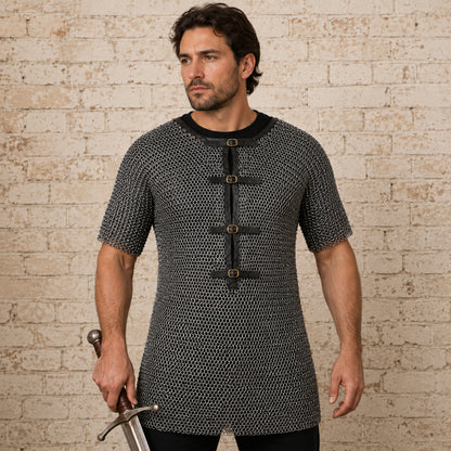 9MM Flat Ring Riveted Chainmail Shirt – Half Sleeve Medieval Armor Costume in Mild Steel for Ren Faire & LARP