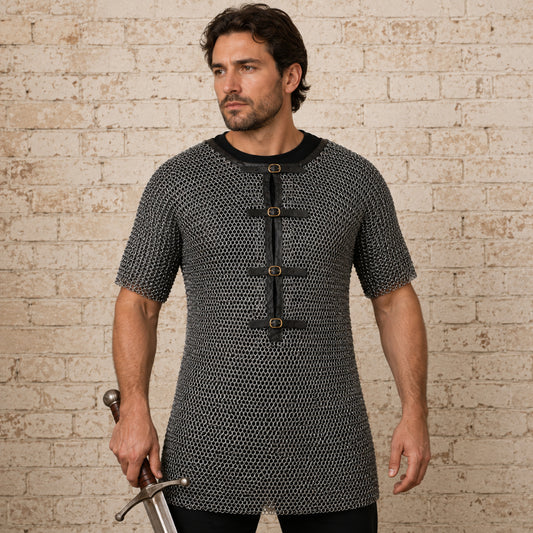 9MM Flat Ring Riveted Chainmail Shirt – Half Sleeve Medieval Armor Costume in Mild Steel for Ren Faire & LARP