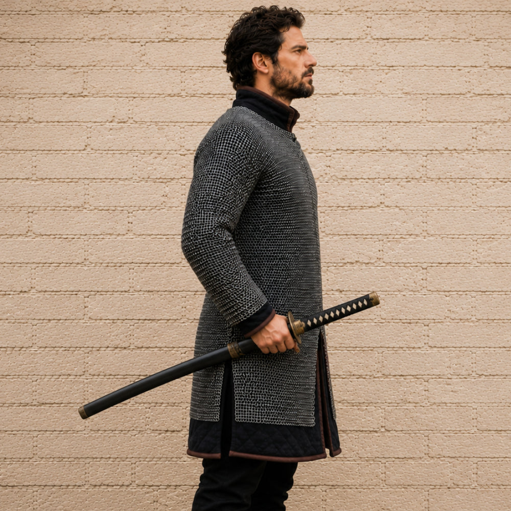 9MM Flat Riveted Chainmail Shirt with Solid Rings – Medieval Hauberk Armor for Halloween & Cosplay Gift