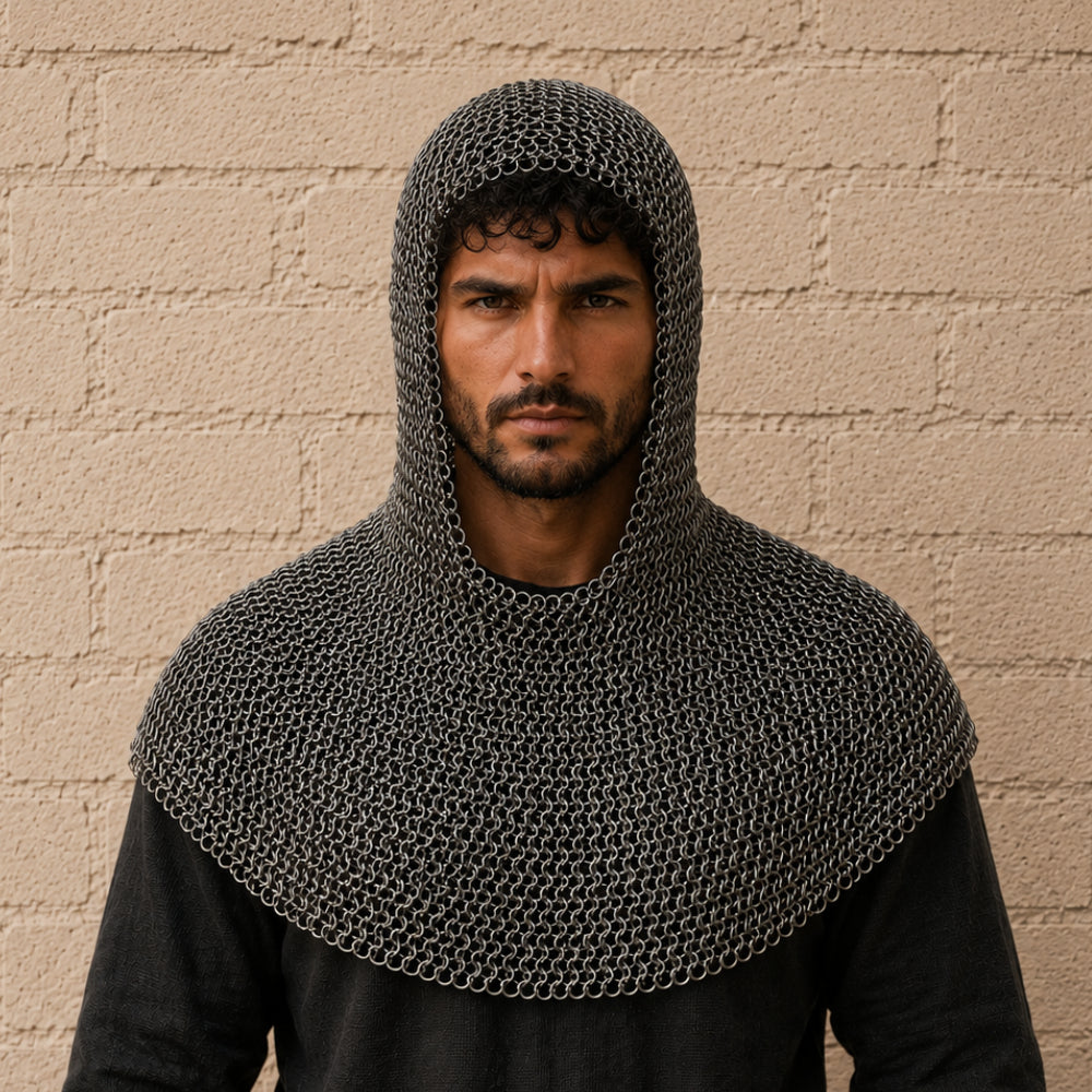 9MM Mild Steel Chainmail Hauberk with Attached Gloves – Flat Riveted Medieval Armor