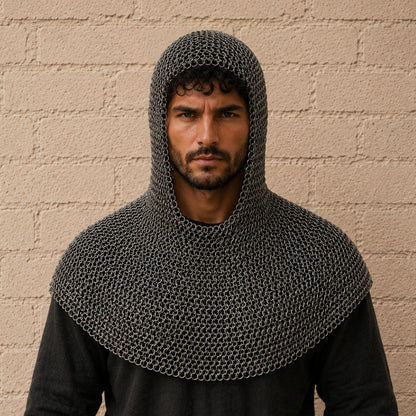 9MM Mild Steel Chainmail Hauberk with Attached Gloves – Flat Riveted Medieval Armor