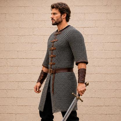 8MM Mild Steel Flat Riveted Chainmail Hauberk – Half Sleeve Front Open Medieval Shirt for Ren Faire & Halloween Costume
