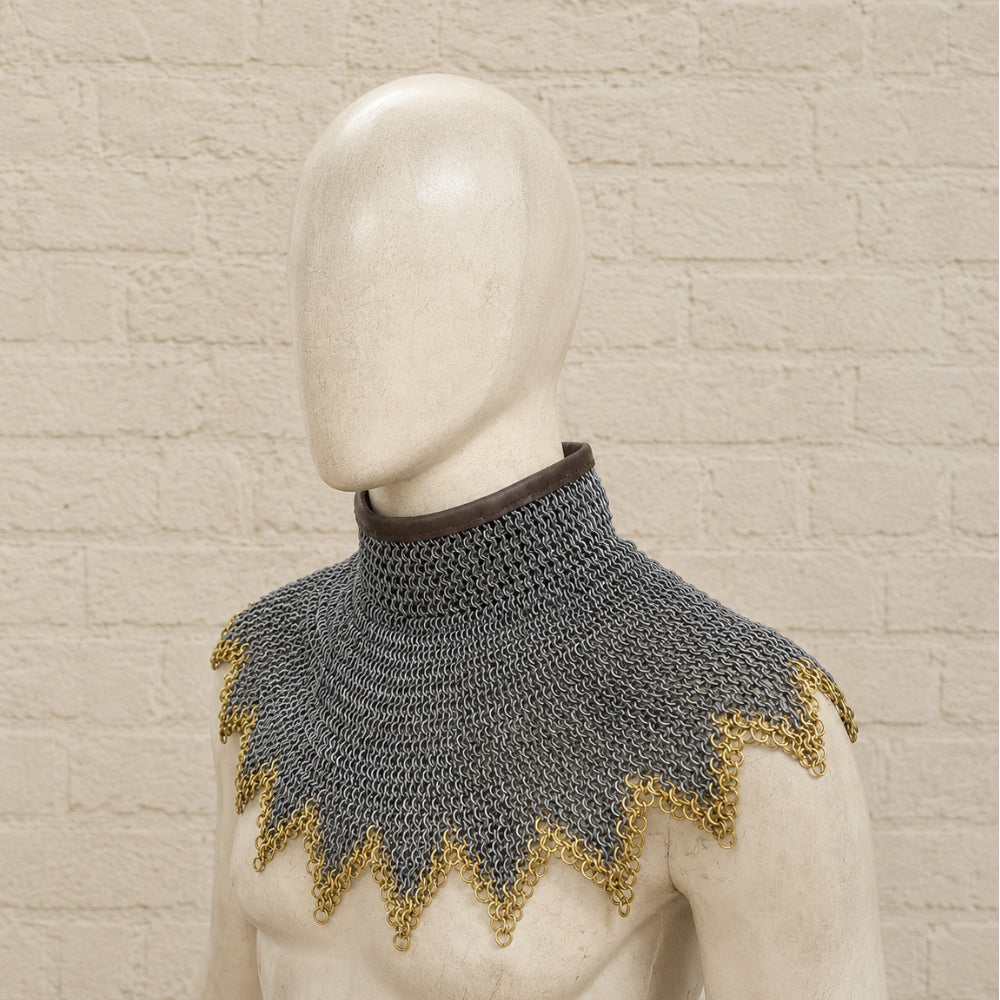 Medieval Chainmail Collar – 6mm Flat Ring with Brass Zigzag Edges for Neck Protection