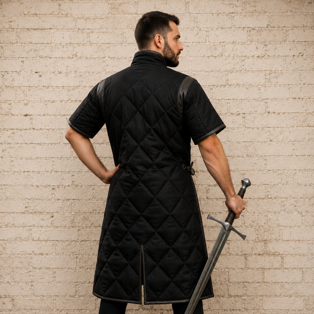 Medieval Gambeson with Brown Leather Trim | Padded Cotton Armor, Half Sleeves & Open Armpit Design