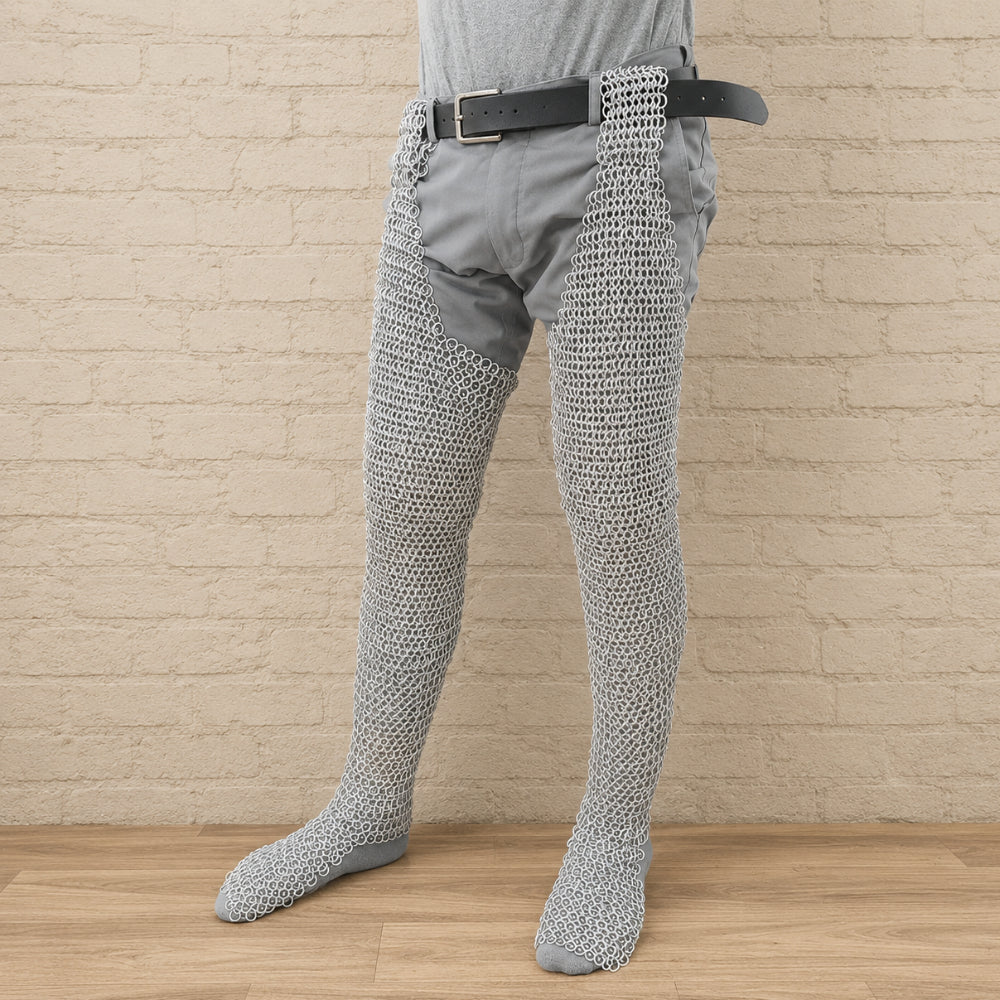 9mm Riveted Aluminum Chainmail Chausses – Flat Ring Medieval Leg Armor for LARP & Reenactment