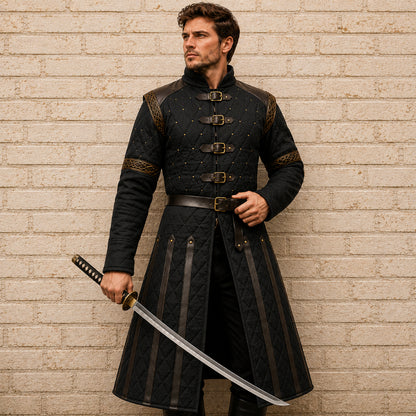 Medieval Padded Gambeson with Brown Leather Trim – Viking LARP Armor