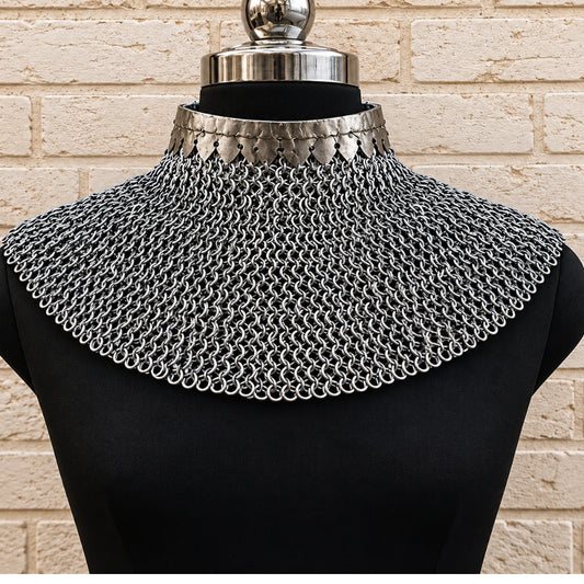 6mm Flat Riveted Chainmail Gorget with Washer Rings – Medieval Collar for Halloween, LARP & Cosplay