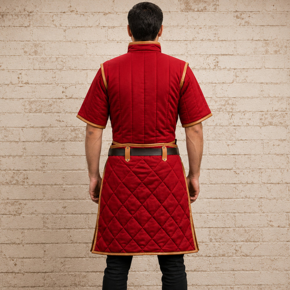 Medieval Padded Gambeson – Royal Blue Cotton Armor with Tan Leather Trim, Renaissance Fair Costume