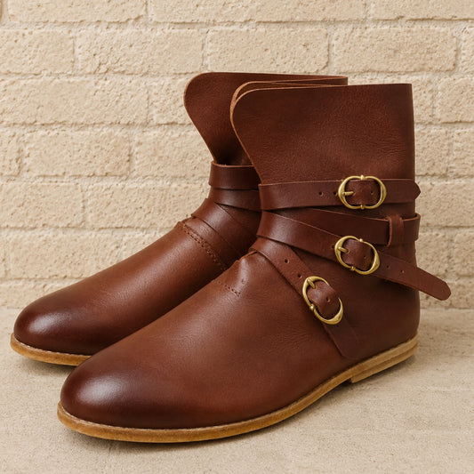 Late Medieval Leather Buckle Boots – Brown & Black Medieval Footwear