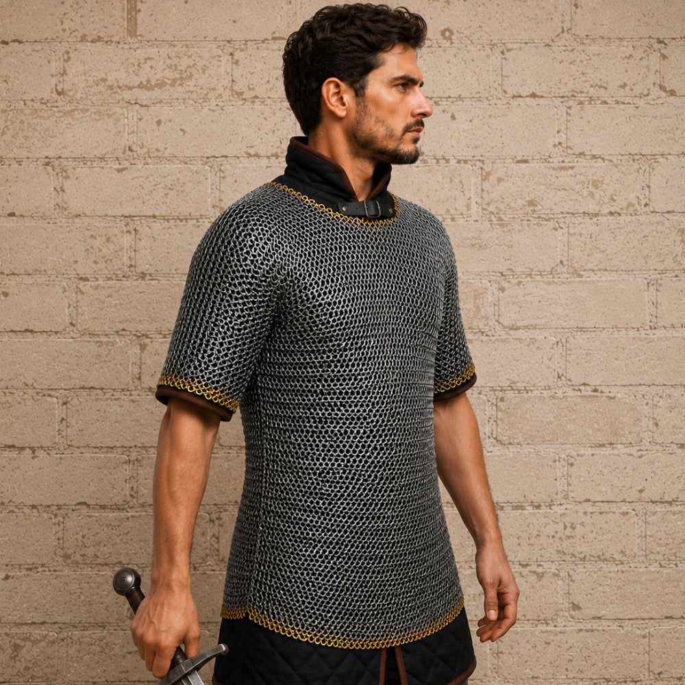 9mm Haubergeon Chainmail Shirt with Brass Trim – Flat Riveted Ring Armor