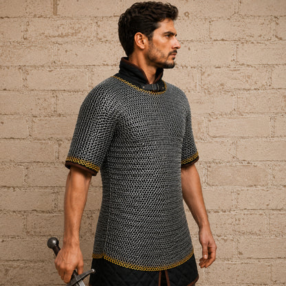 9mm Haubergeon Chainmail Shirt with Brass Trim – Flat Riveted Ring Armor