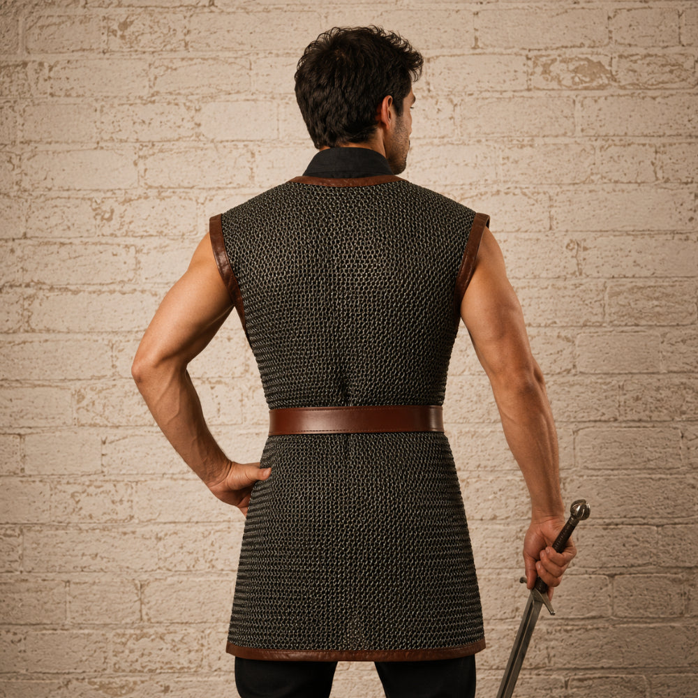 9MM Sleeveless Chainmail Hauberk – Round Ring Riveted Aluminum Armor with Brown Leather Trim