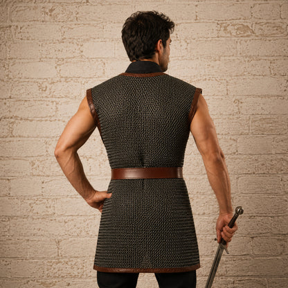 9MM Sleeveless Chainmail Hauberk – Round Ring Riveted Aluminum Armor with Brown Leather Trim