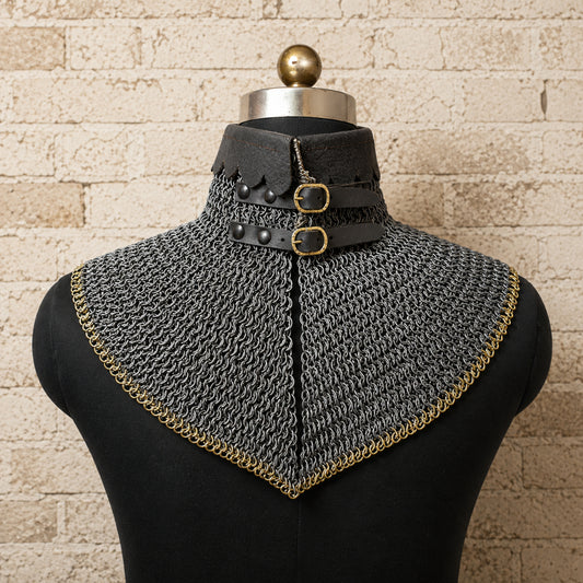 9mm Flat Riveted Chainmail Gorget with Brass Trim – Medieval Chainmail Mantle for Halloween, Cosplay, LARP & Reenactment