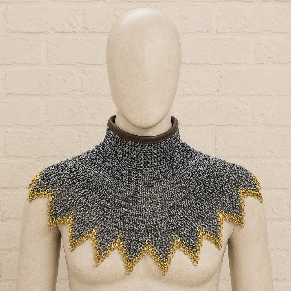 Medieval Chainmail Collar – 6mm Flat Ring with Brass Zigzag Edges for Neck Protection