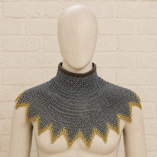 Medieval Chainmail Collar – 6mm Flat Ring with Brass Zigzag Edges for Neck Protection
