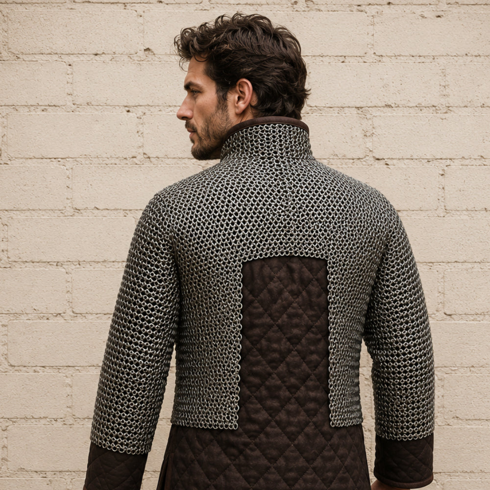 Chainmail Half Hauberk – 9MM Flat Riveted Rings with Leather Trim