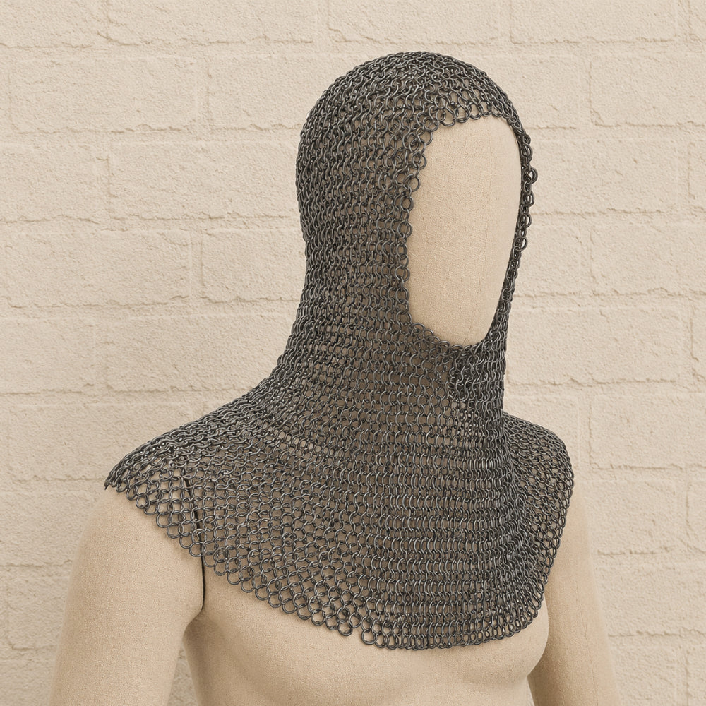 Medieval Chainmail Coif – 9mm Round Riveted Rings with Washer for Reenactment & Costume