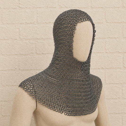 Medieval Chainmail Coif – 9mm Round Riveted Rings with Washer for Reenactment & Costume