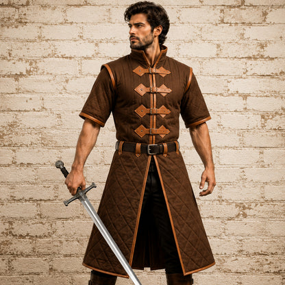 Medieval Padded Gambeson – Royal Blue Cotton Armor with Tan Leather Trim, Renaissance Fair Costume