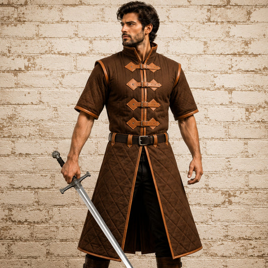 Medieval Padded Gambeson – Royal Blue Cotton Armor with Tan Leather Trim, Renaissance Fair Costume