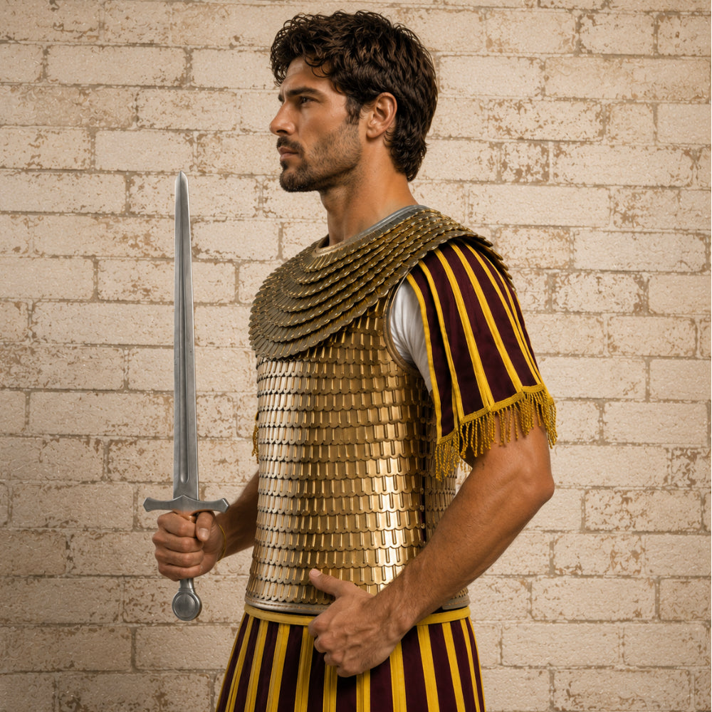 Brass Scale Lorica Squamata Armor – Roman Empire Scale Mail with Leather Trim Edges