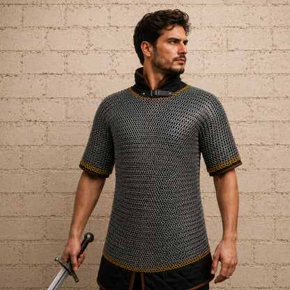 9mm Haubergeon Chainmail Shirt with Brass Trim – Flat Riveted Ring Armor